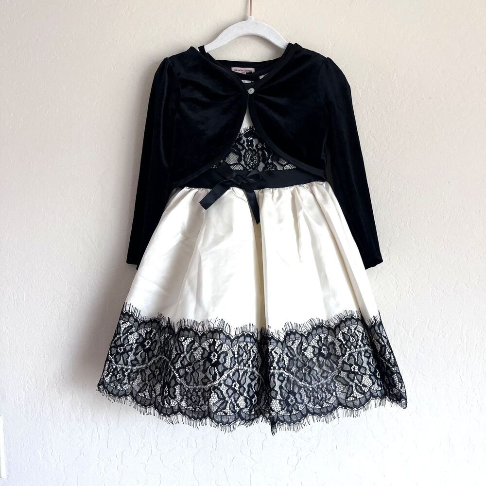 Nanette Lepore Girls 4T Black Ivory Lace Party Dress Velvet Bolero 2 Piece